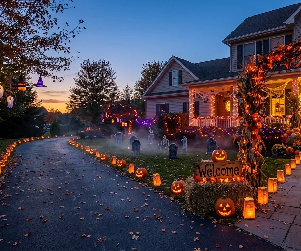 Decorated driveway for Halloween with lanters tombstones and skeletones
