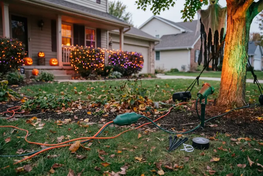 Outdoor extension cords with a weatherproof connector cover and lawn stakes