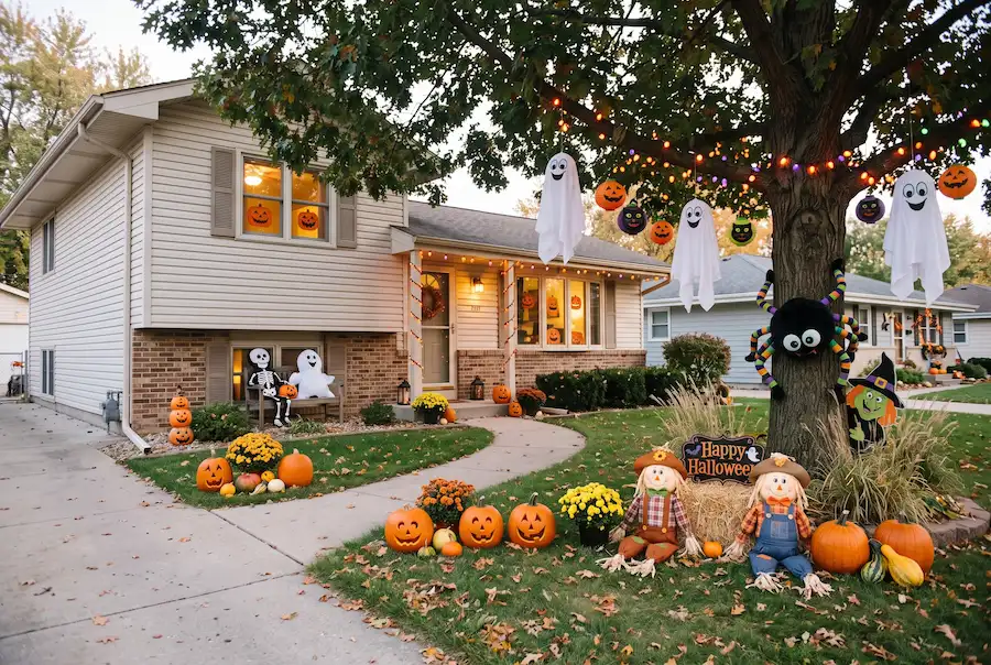 Cute Halloween decor with jack-o’-lantern window cutouts and smiling ghosts