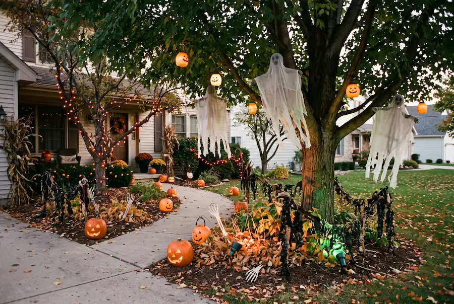 Walkway lined with jack-o’-lanterns leading to a decorated front porch for Halloween