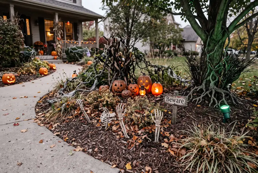 Halloween front garden bed with skeleton hands, pumpkins and corn stalks for Halloween
