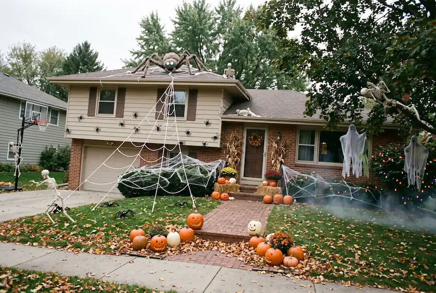 Halloween roof decorations with a giant spider and web stretching to the lawn