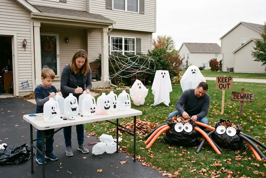 Family making DIY outdoor Halloween decorations from milk jugs and leaf bags for Halloween