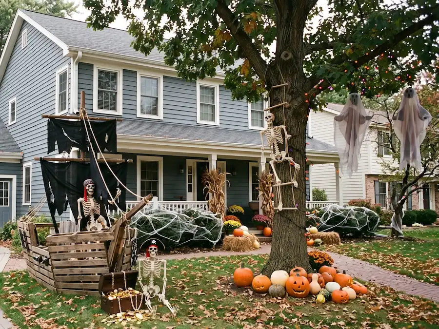 DIY pallet pirate ship with skeleton pirates in a Halloween front yard