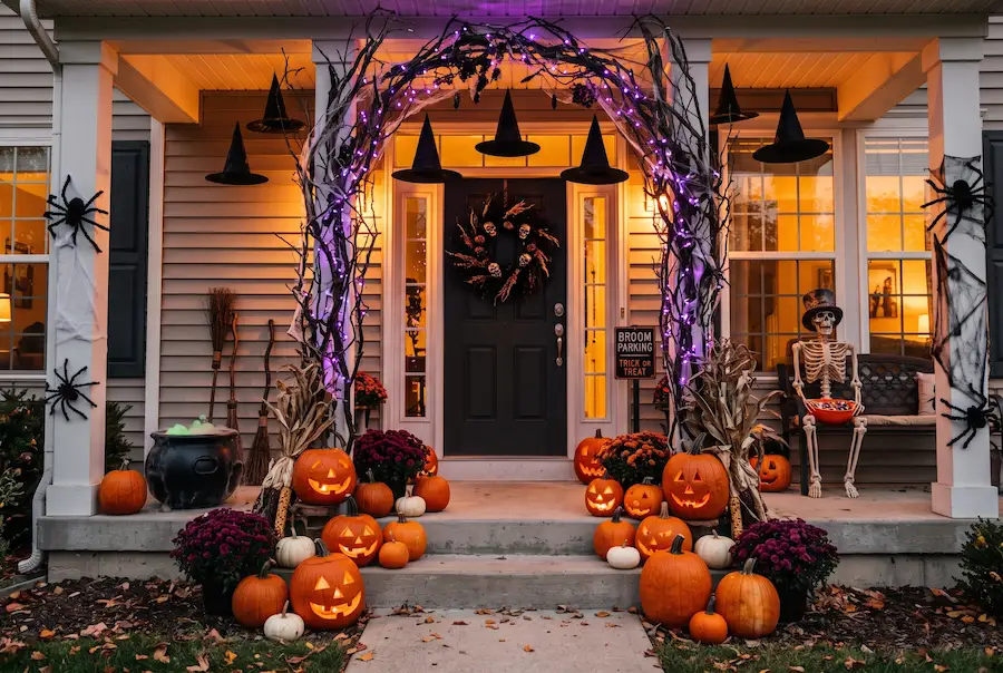Spooky front porch with a lit branch arch, floating witch hats and a pumpkin staircase for Halloween