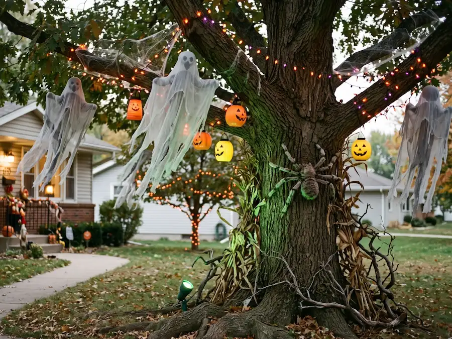 Cheesecloth ghosts and jack-o’-lantern lanterns hanging from a front yard tree for Halloween