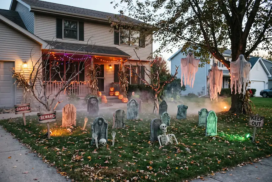 Creepy front yard graveyard with tombstones, fog and colored spotlights for Halloween